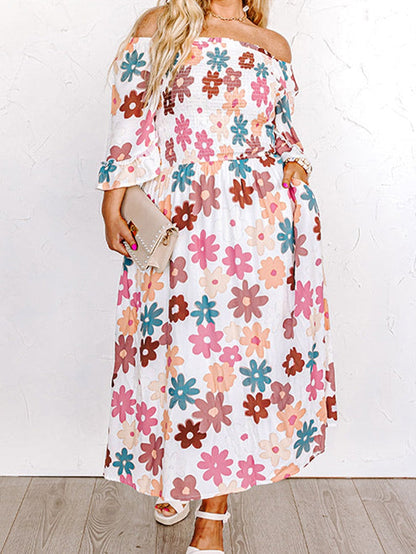 Floral Print Smocked Off Shoulder Plus Size Midi Dress in White
