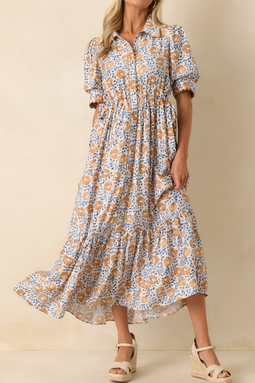 Sky Blue Multi Floral Print Shirt Collar Button Down Short Sleeve Maxi Dress