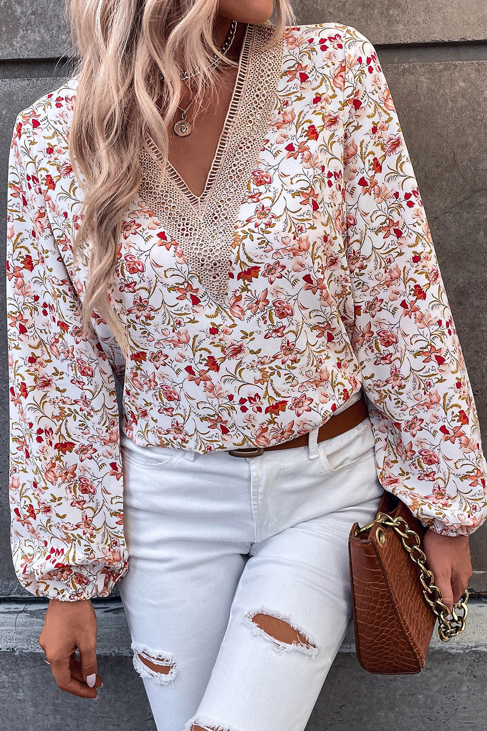 Elegant White Lace V-Neck Blouse with Floral Pattern