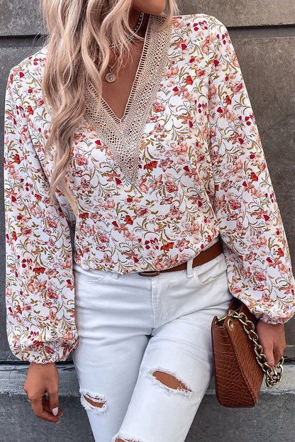 Elegant White Lace V-Neck Blouse with Floral Pattern