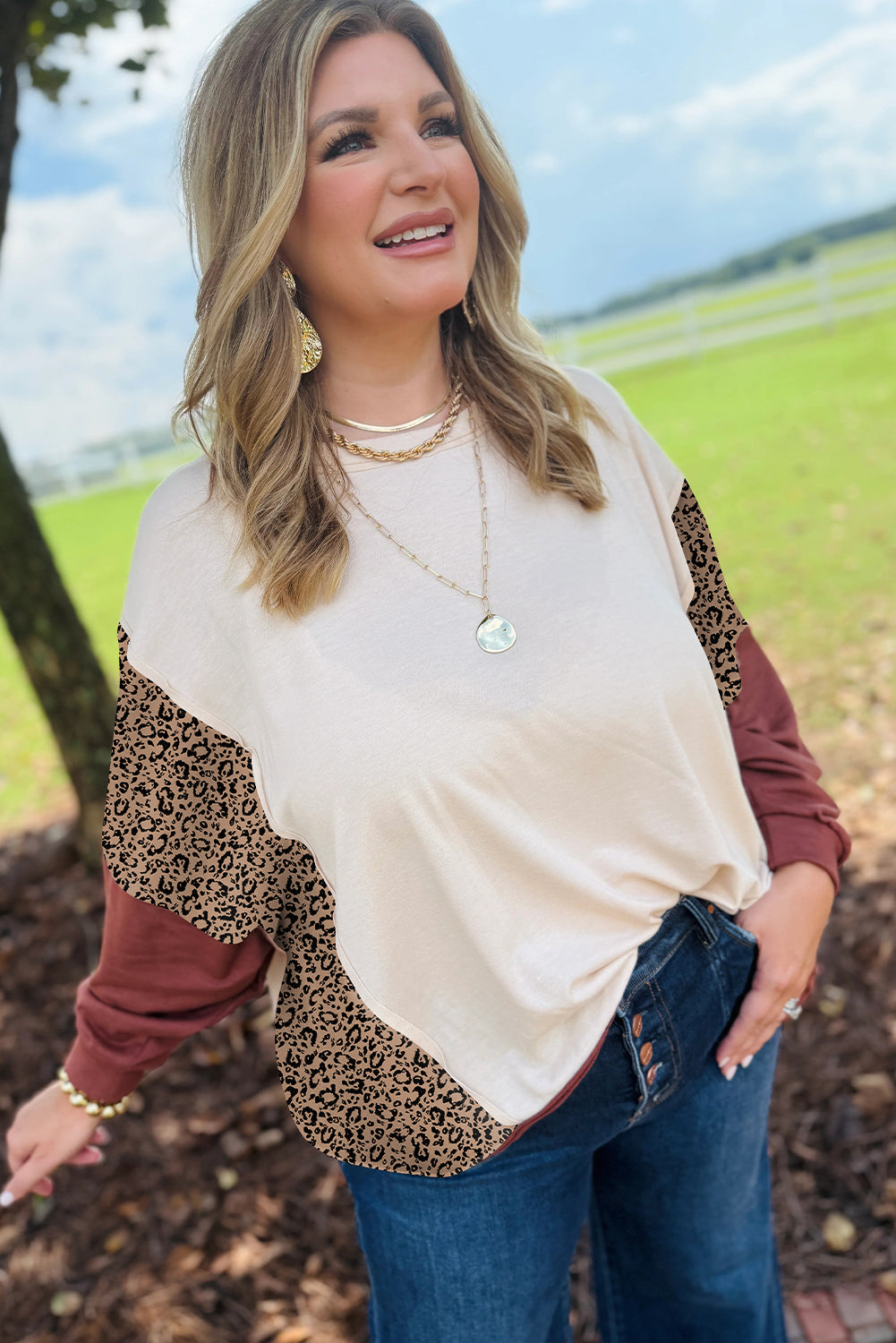 Red Sandalwood Color Block Leopard Patchwork Long Sleeve Loose Top