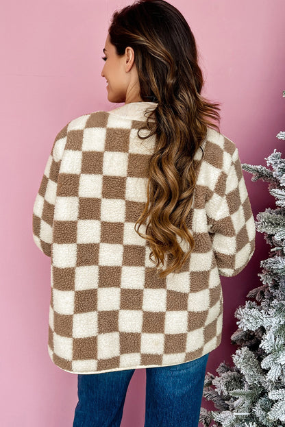 Brown Checkered Sherpa Buttoned Front Chunky Jacket