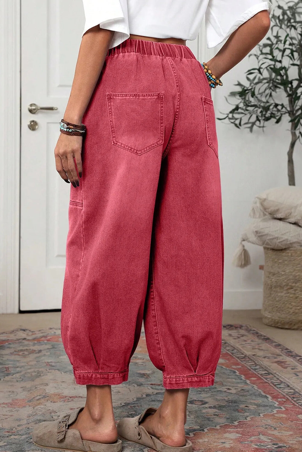 Mineral Red Vintage Washed Elastic Waist Pull On Ankle-length Barrel Jeans