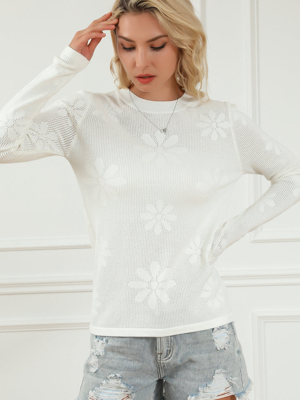 Elegant Floral Knit Long Sleeve Sweater