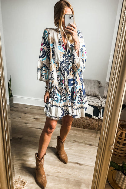 Floral Print Fringed V-neck Mini Dress