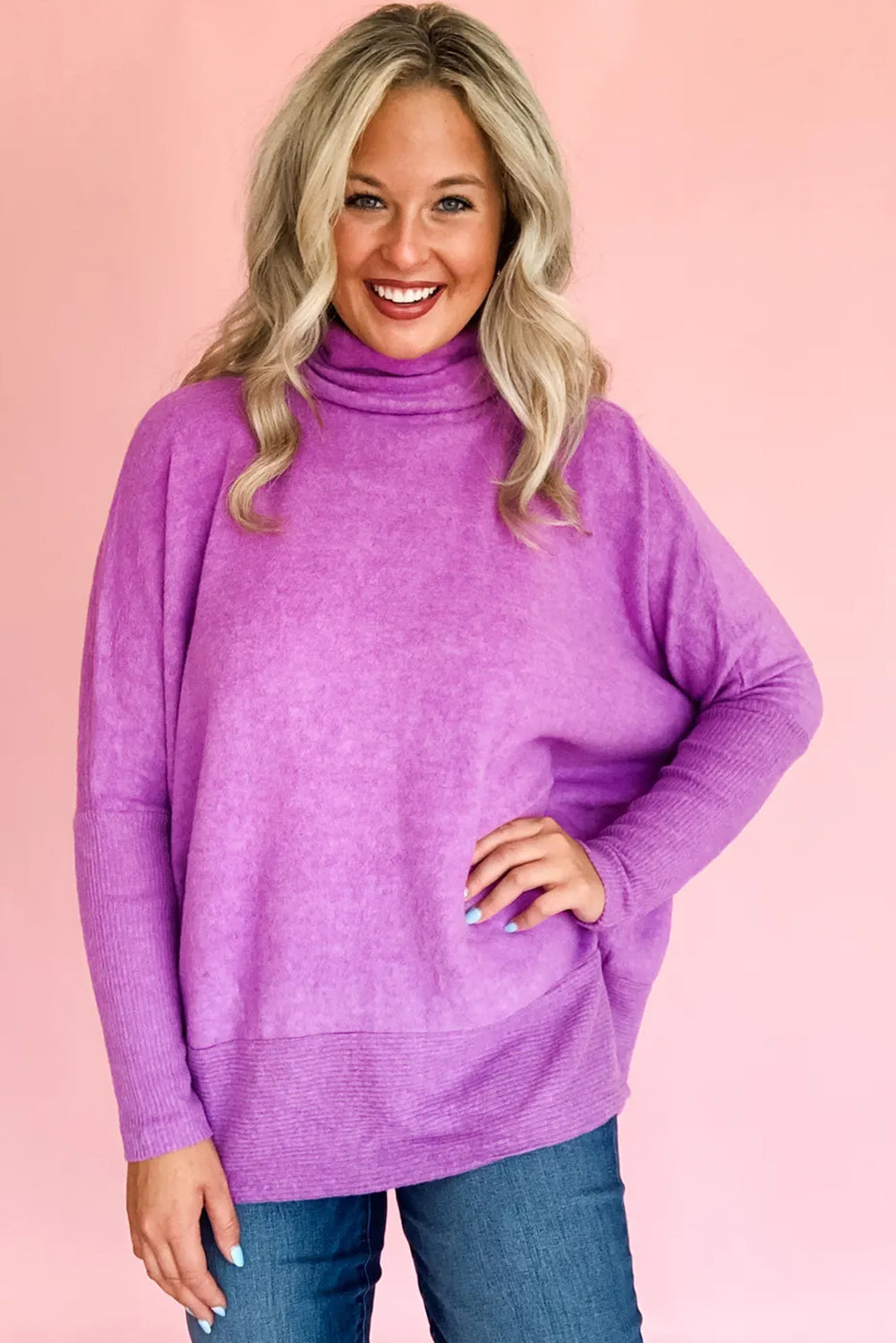 Purple Orchid Solid Color Turtleneck Ribbed Patchwork Dolman Long Sleeve Top