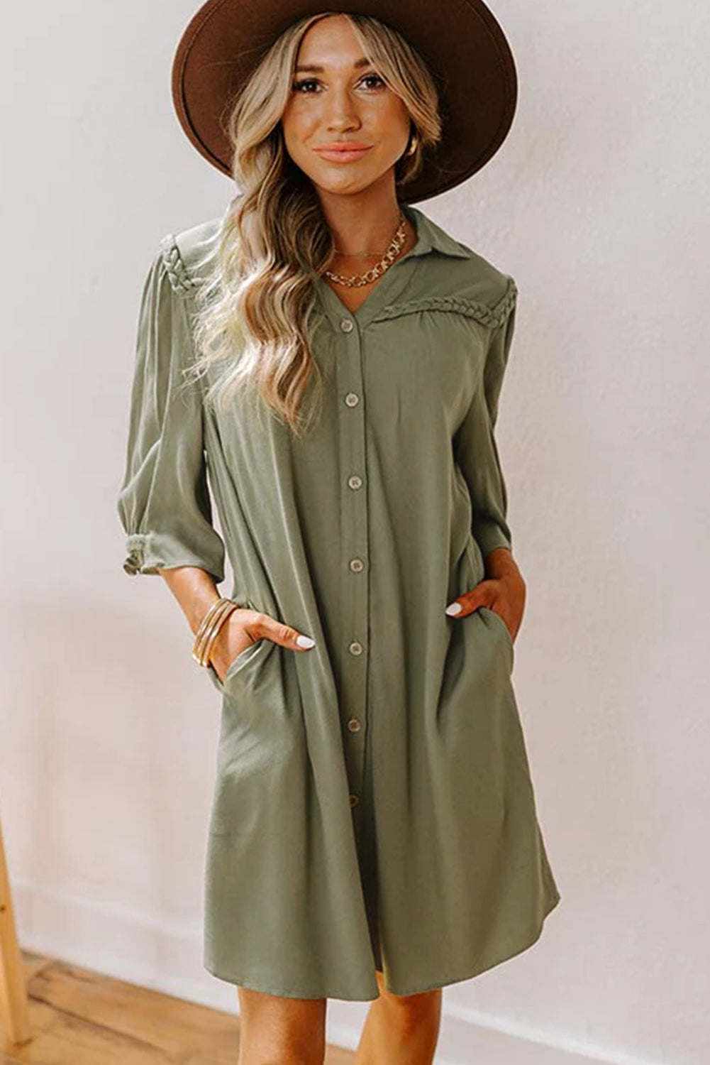 Four Leaf Clover Solid Color 3/4 Sleeve Braided Detail Button Down Mini Shirt Dress