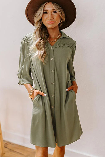 Four Leaf Clover Solid Color 3/4 Sleeve Braided Detail Button Down Mini Shirt Dress