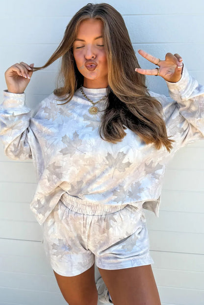 Beige Camo Print Pullover Top and Elastic Waist Casual Short Set