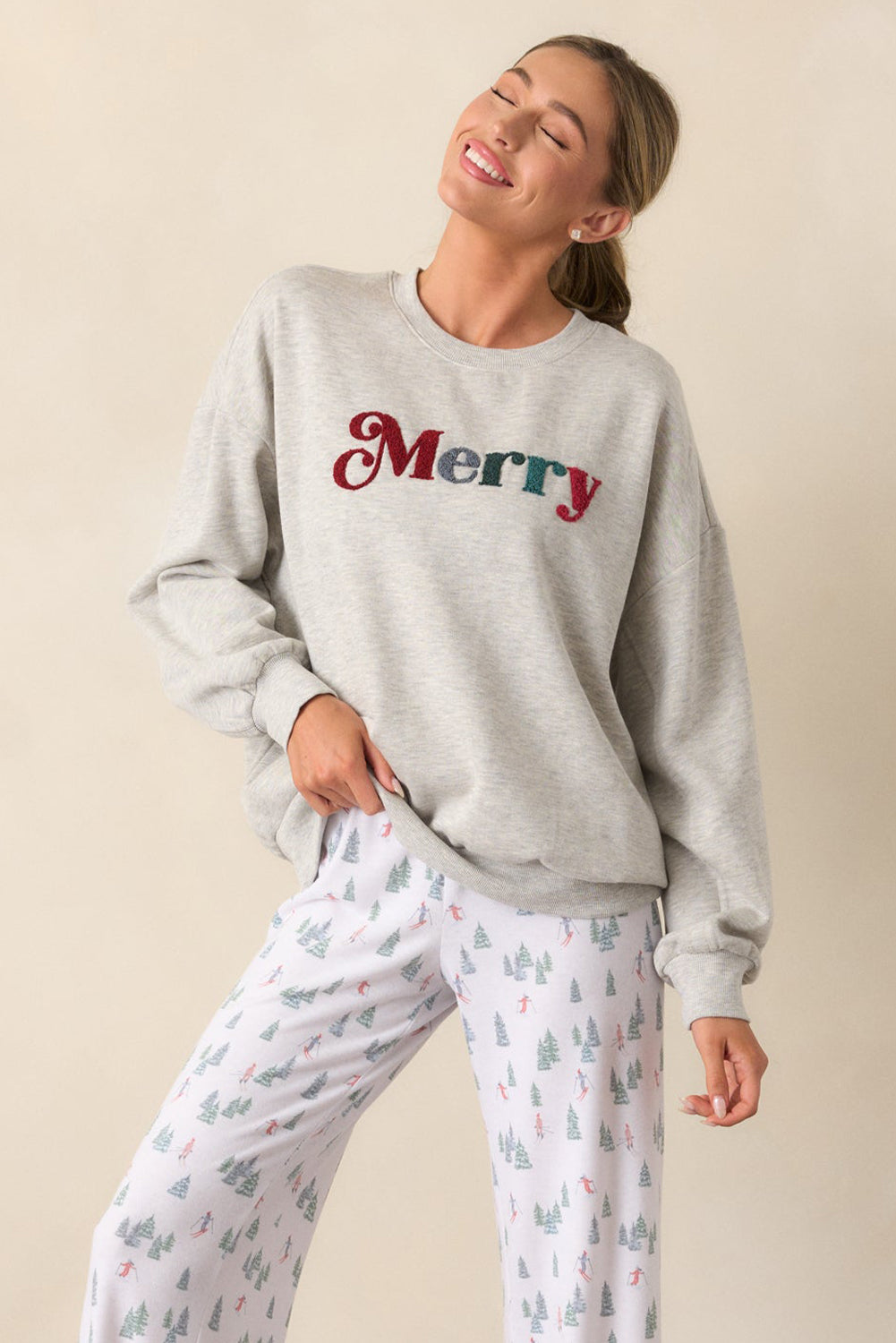 Light Grey Merry Chenille Letter Patched Drop Shoulder Sweatshirt