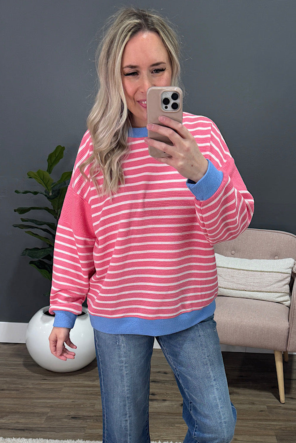 Rose Stripe Contrast Trim Colorblock Patchwork Drop Shoulder Knit Top