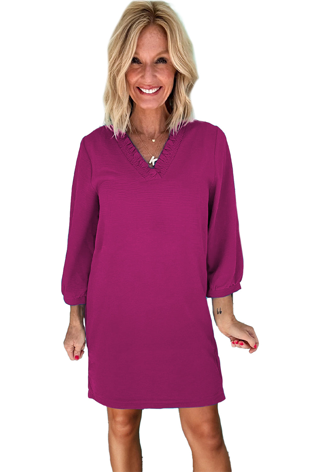 Festival Fuchsia Frilled V Neck Bracelet Sleeve Shift Mini Dress