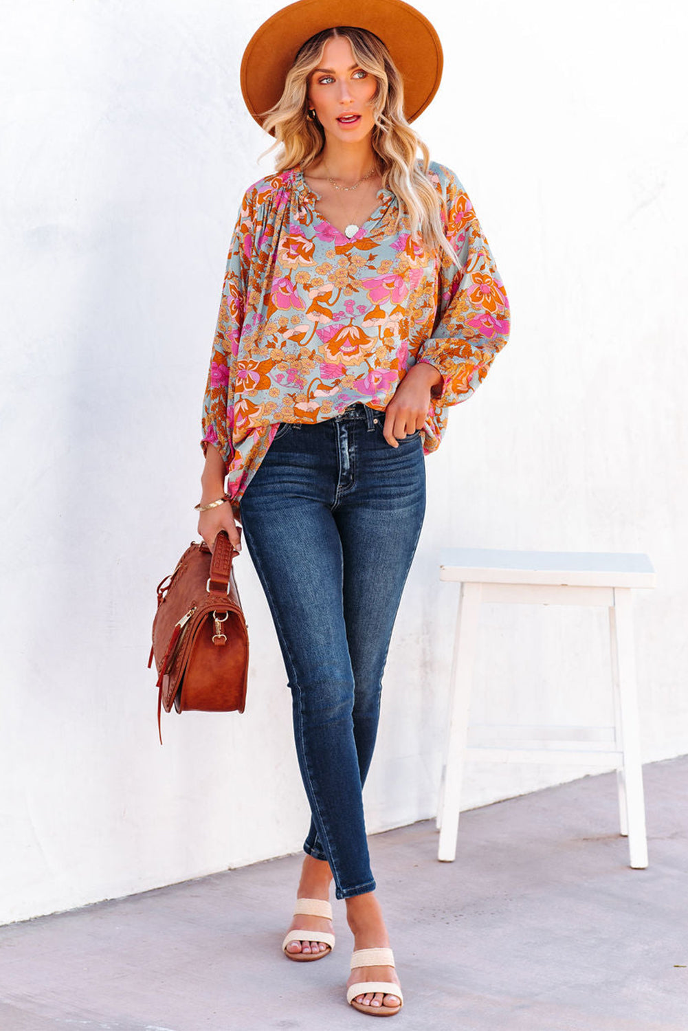 Elegant Floral Ruched V Neck Bohemian Blouse