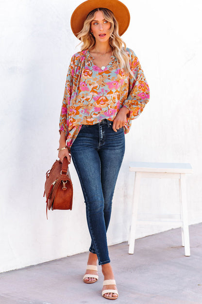 Elegant Floral Ruched V Neck Bohemian Blouse