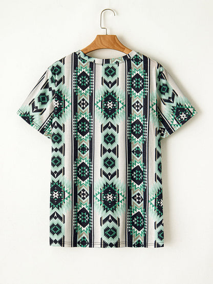 Green Geometric Retro Print Plus Size Tee