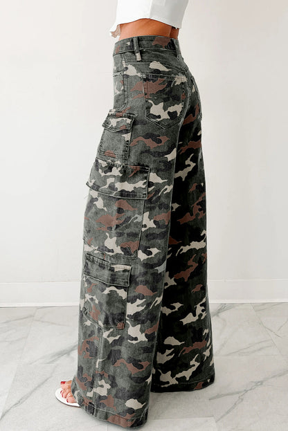 Green Camo Denim Cargo Wide Leg Pants