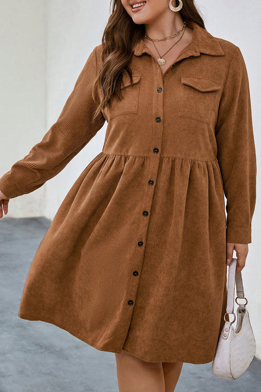 Camel Corduroy Full Buttoned Collared Shirt Style Plus Size Dress