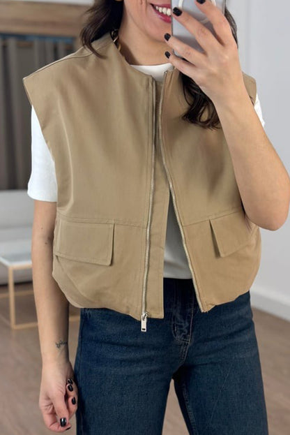 Tan Mock Pockets Zipped Front Cargo Style Casual Vest