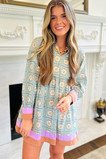 Green Geometric Floral Print Contrasted Striped Trim Long Sleeve Mini Dress