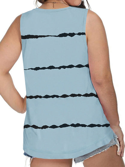 Gray Striped V Neck Plus Size Tank Top with Flag Print
