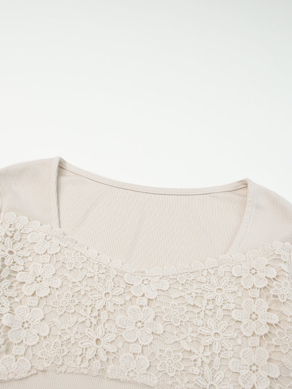 Beige Floral Lace V-Neck Sheath Top with Long Sleeves