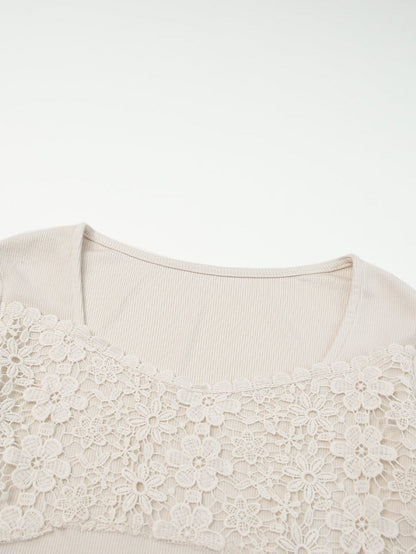 Beige Floral Lace V-Neck Sheath Top with Long Sleeves