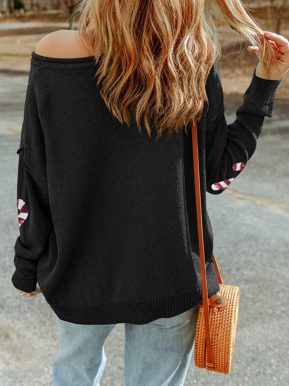 Festive Black Sequin Christmas Sweater with Gingerbread Man & Candy Canes