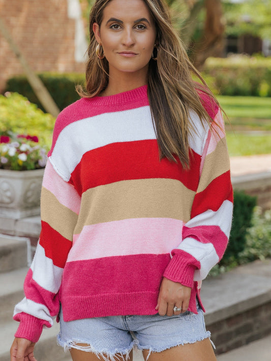 Fiery Red Mix Horizon Stripes Dolman Sleeve Pullover Sweater