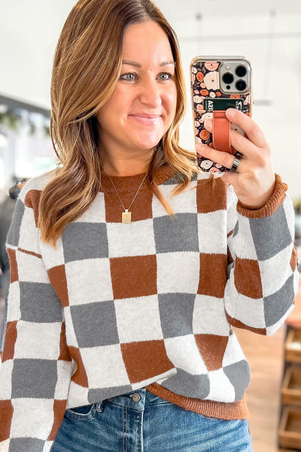 checkered knit sweater