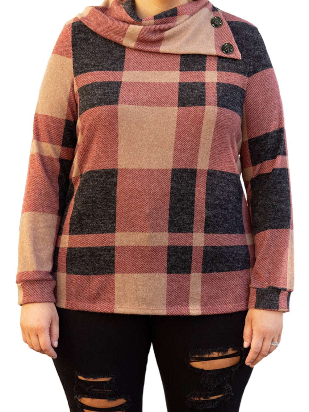 Mineral Red Geometric Print Plus Size Long Sleeve Collared Top