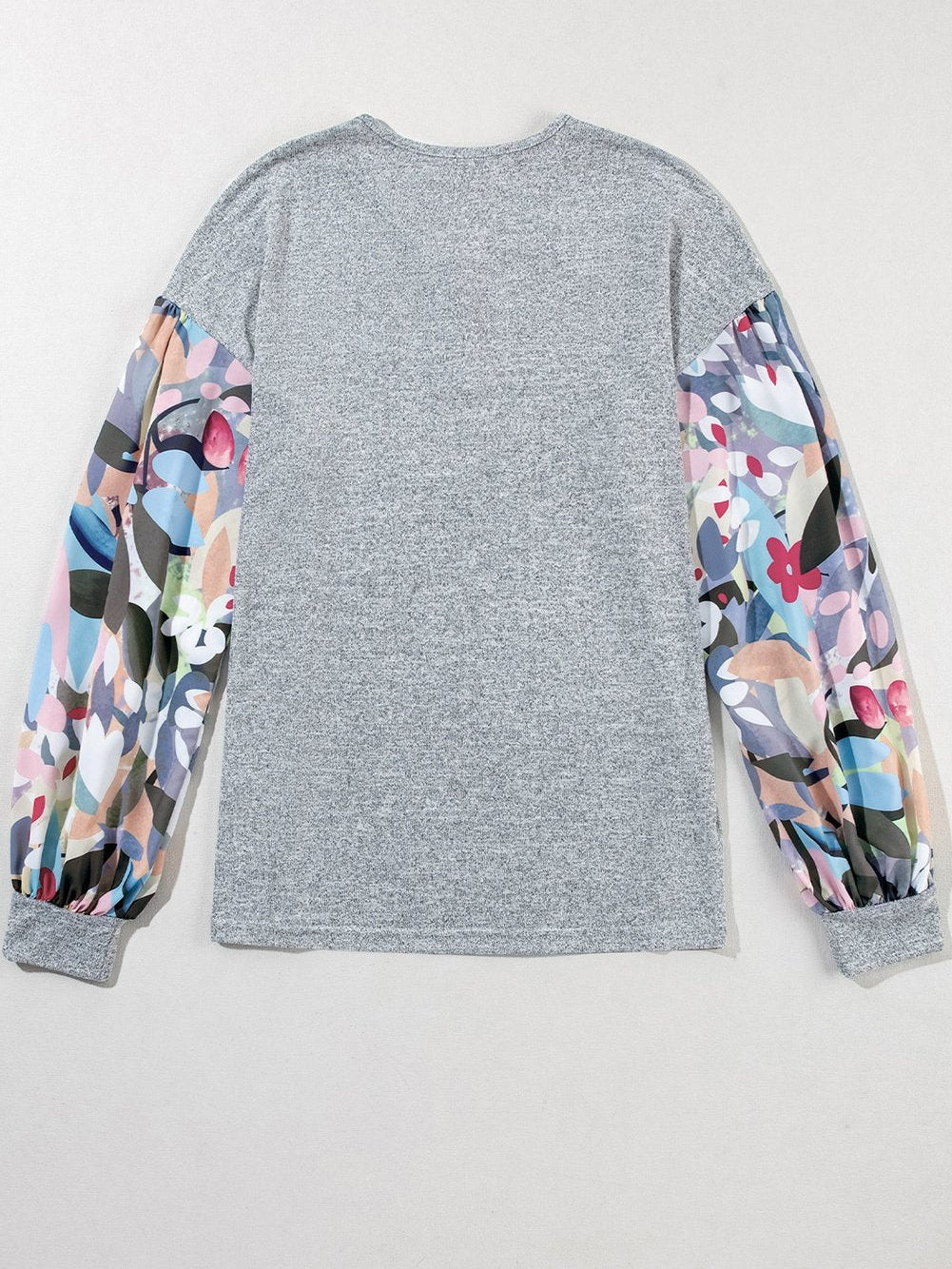 Elegant Gray Floral Lantern Sleeve V-Neck Blouse