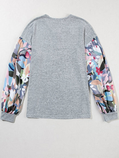 Elegant Gray Floral Lantern Sleeve V-Neck Blouse