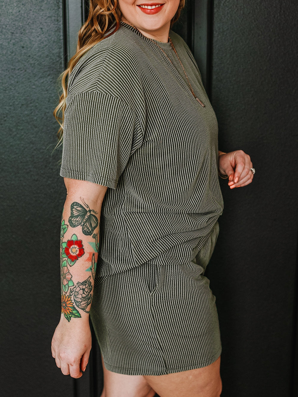 Moss Green Plus Size Rib Knit Short Sleeve Top and Shorts Set