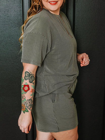 Moss Green Plus Size Rib Knit Short Sleeve Top and Shorts Set