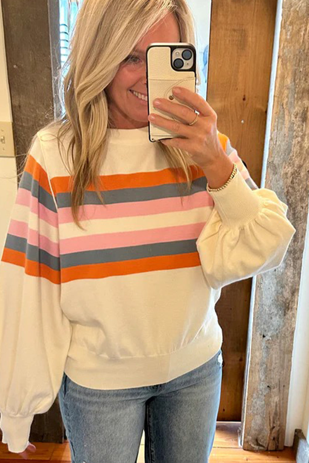Beige Stripe Puff Sleeve Casual Pullover Sweatshirt