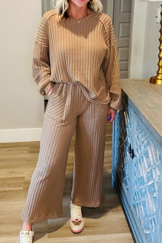 Light French Beige Ribbed Texture Exposed Seam Drop Shoulder Patch Pocket 2pcs Loose Pant Set