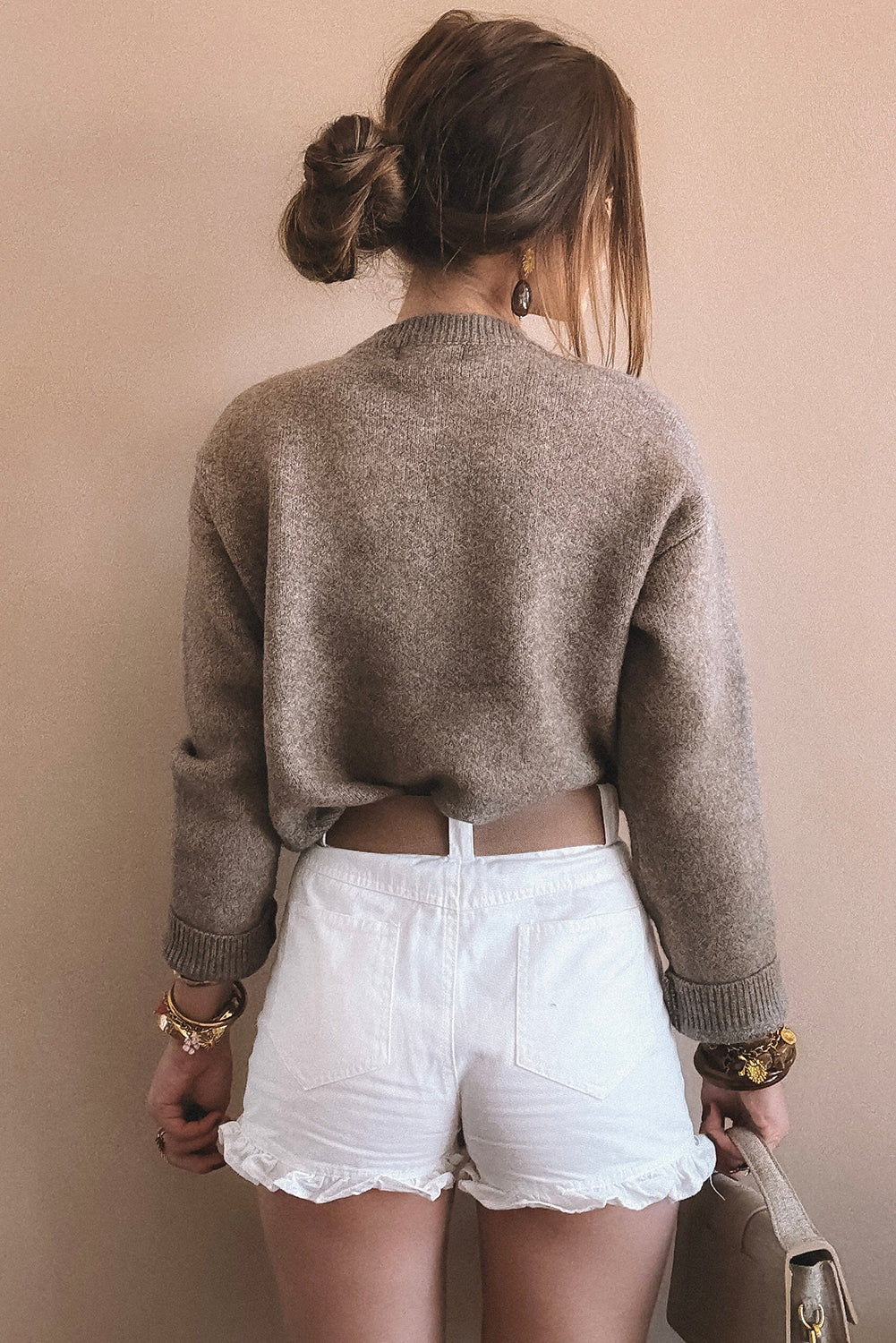 Simply Taupe Sun Goddess Metal Button V Neck Loose Sweater Cardigan