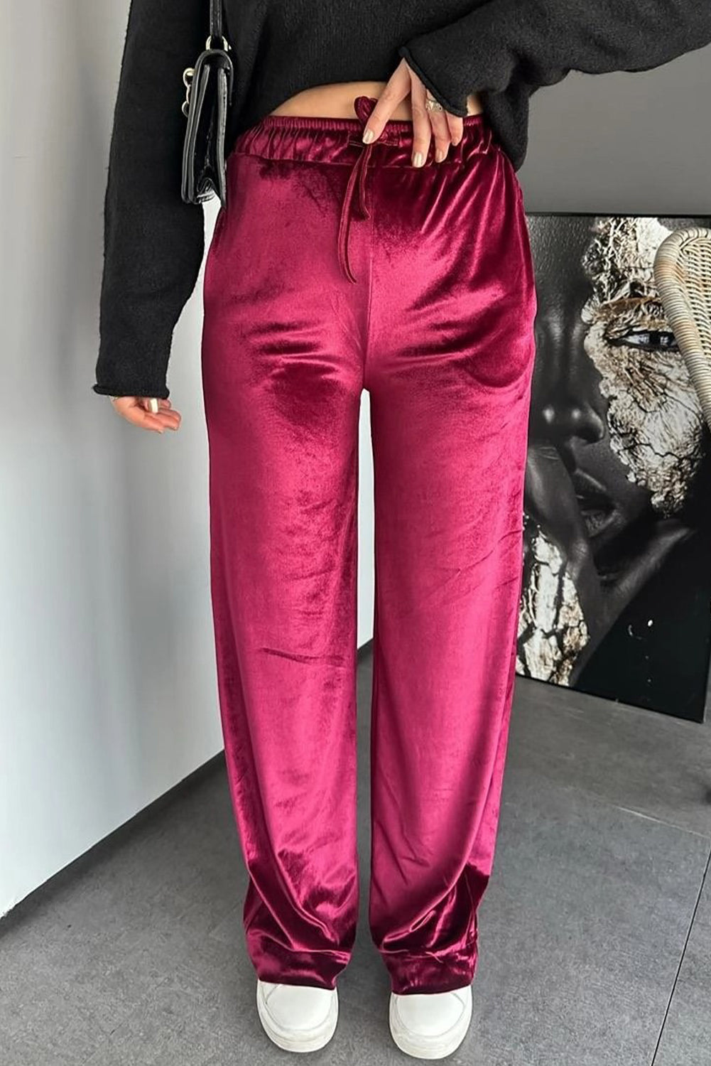 Pitaya Pink Shiny Velvet Drawstring High Waist Straight Leg Casual Pants