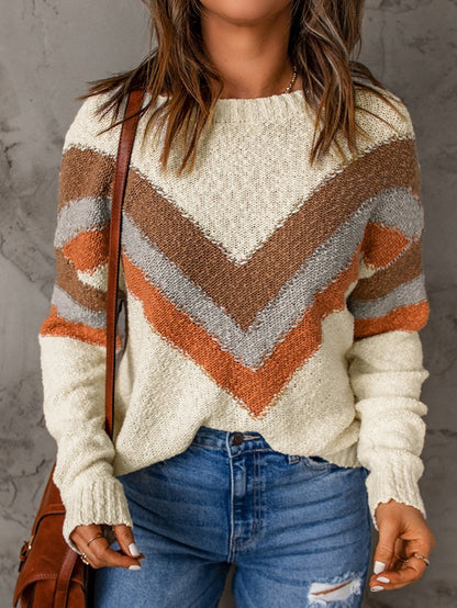 Beige Chevron Stripe Drop Shoulder Knit Pullover