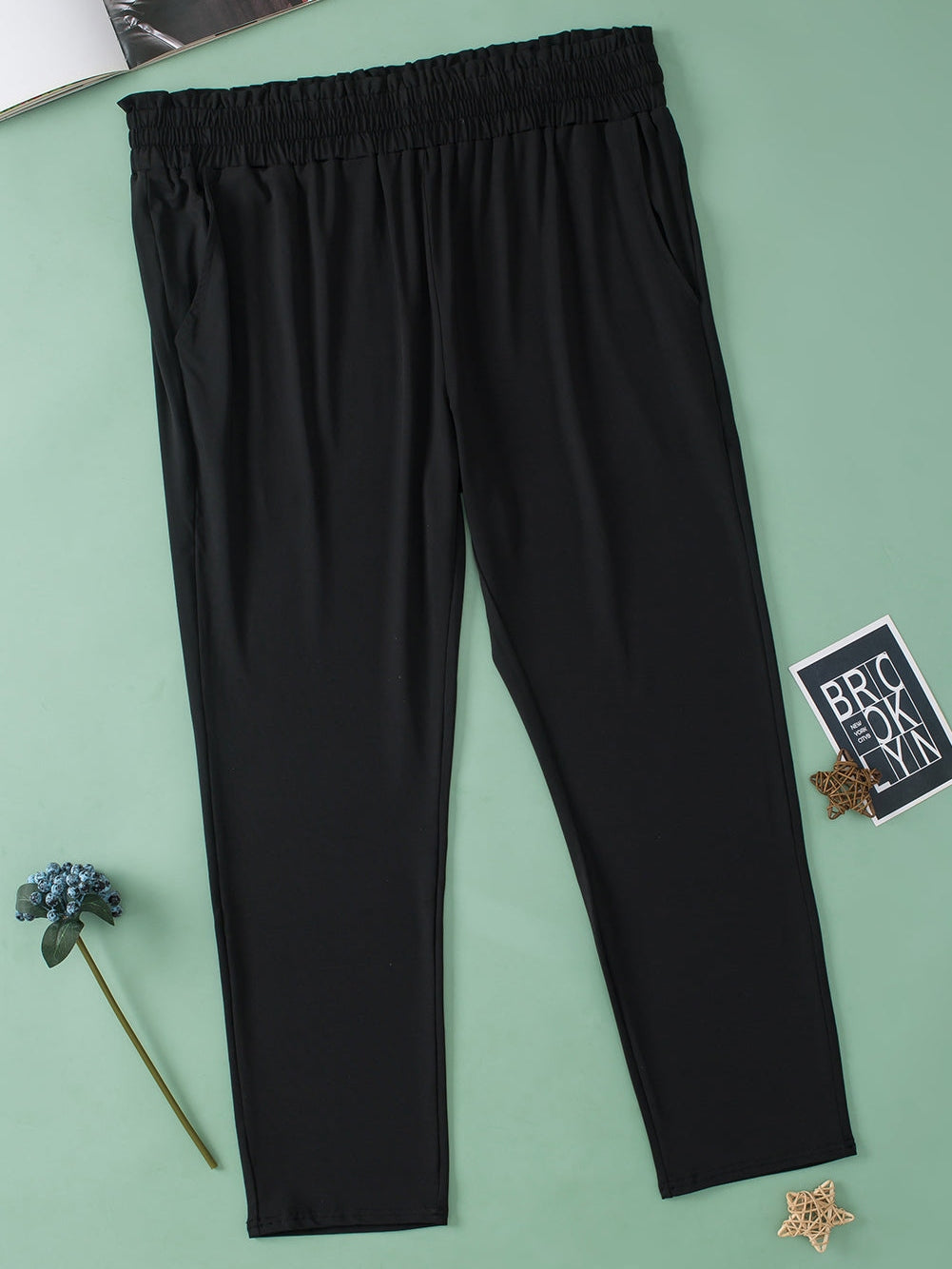 Elegant Black Plus Size High Waist Frilled Soft Pants with Pockets