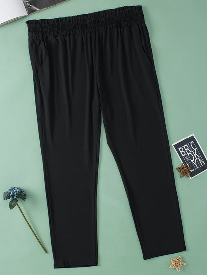 Elegant Black Plus Size High Waist Frilled Soft Pants with Pockets