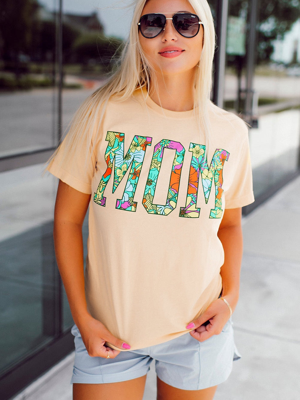 Khaki Floral "MOM" Print Crew Neck T-Shirt