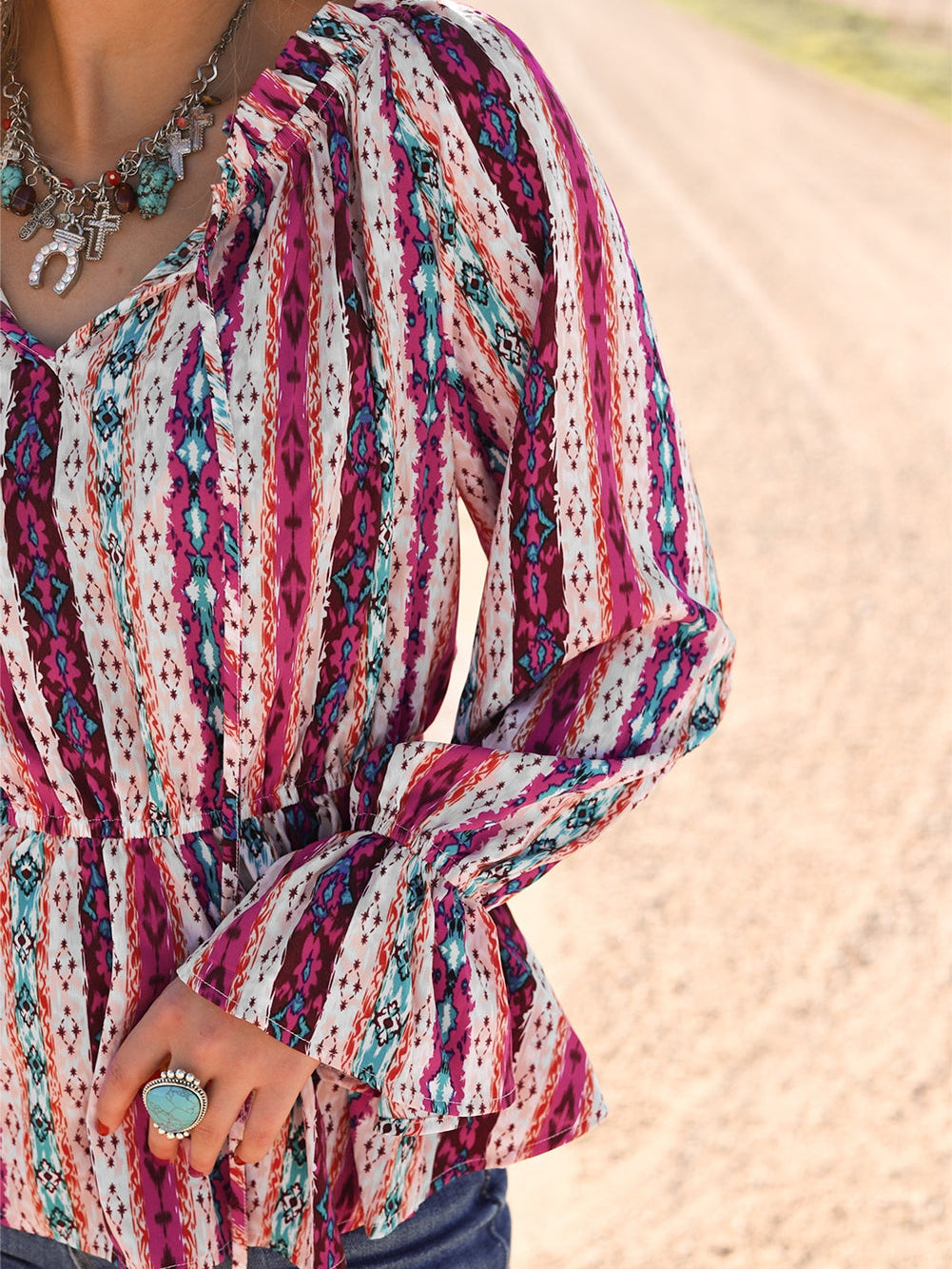 Aztec Print Peplum Blouse with Split Neck