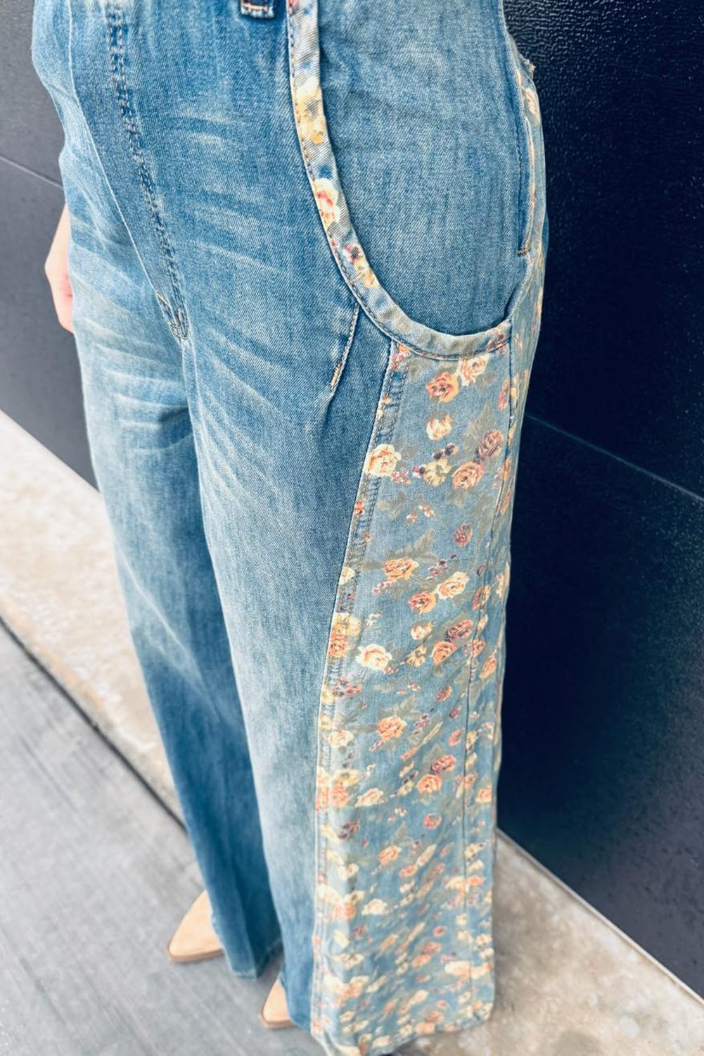 Peacock Blue Floral Patchwork Bib Denim Wide Leg Overalls