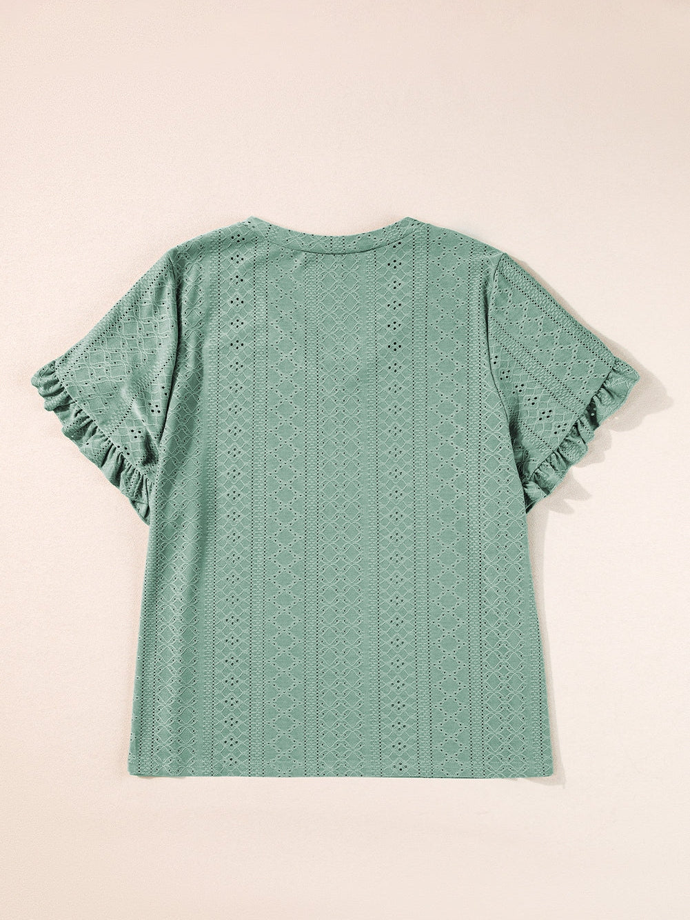 Green Jacquard V-Neck Plus Size Blouse with Petal Sleeves