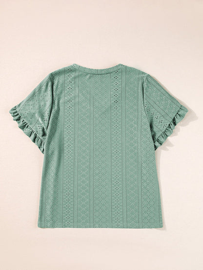 Green Jacquard V-Neck Plus Size Blouse with Petal Sleeves