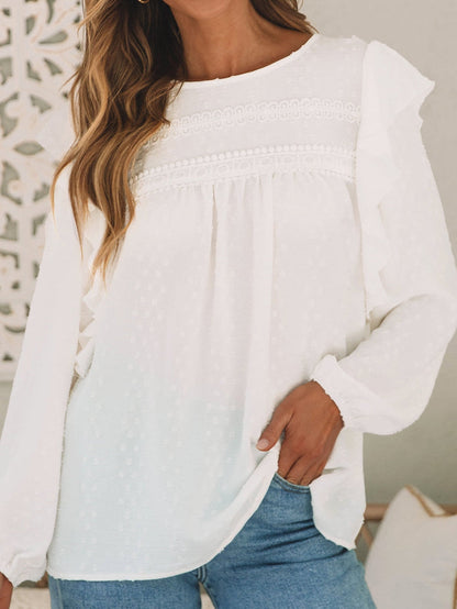 Elegant White Lace Eyelet Ruffle Sleeve Blouse