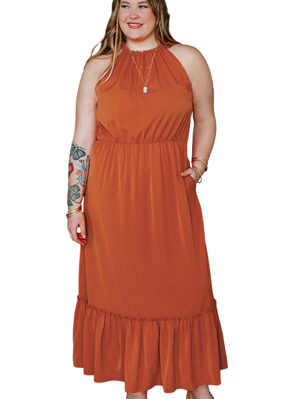 Russet Orange Plus Size Ruffled Hem Sleeveless Long Dress