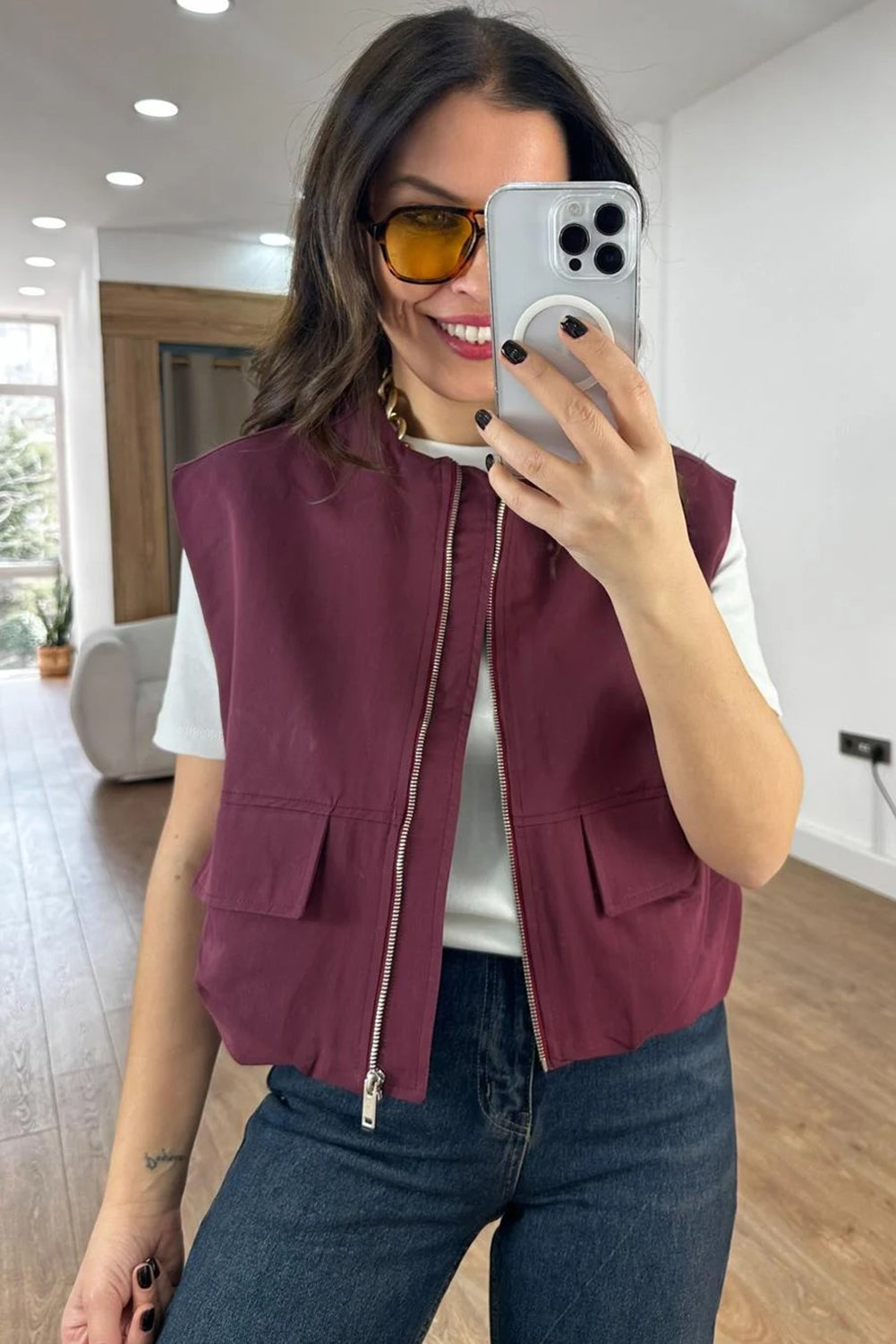 Burgundy Mock Pockets Zipped Front Cargo Style Casual Vest