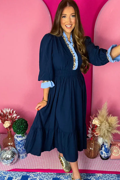 Navy Blue Contrast Frilled Trim V Neck 3/4 Ruffled Sleeve Flowy Midi Dress